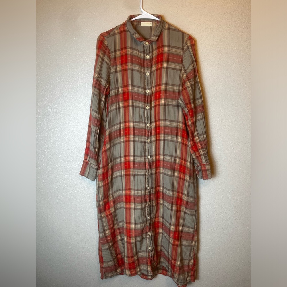 CP Shades Gauzy Cotton Plaid button down midi dress Size M